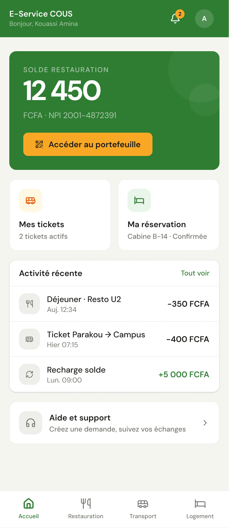 Tableau de bord étudiant, version mobile, E-Service COUS Parakou