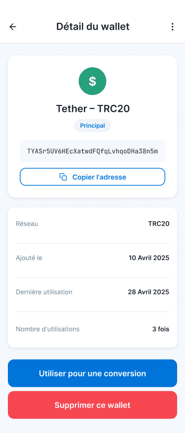 Détail du portefeuille ZipChanger